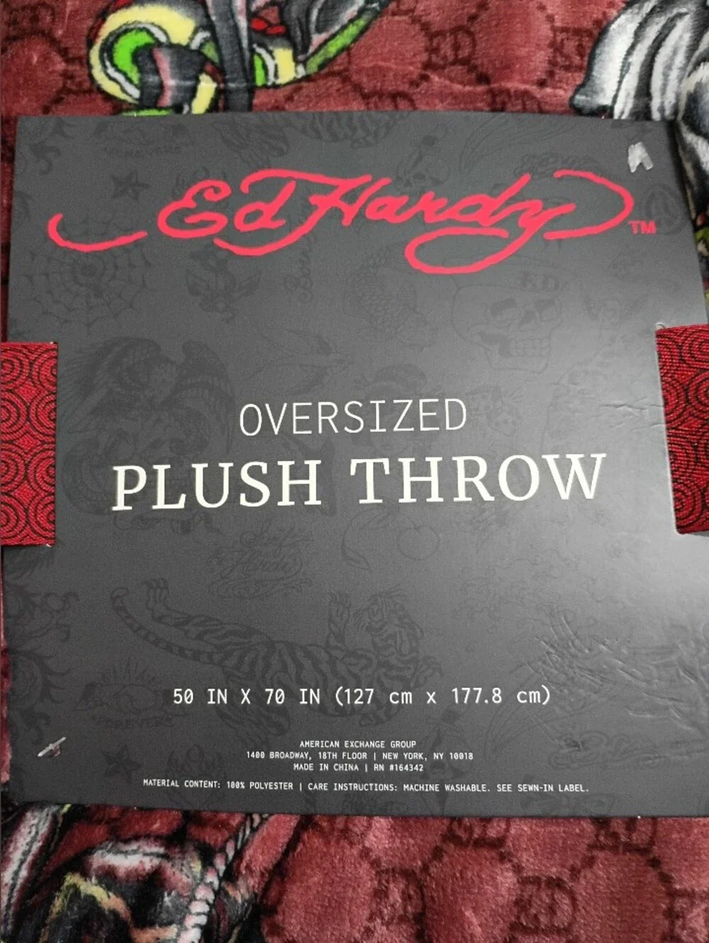 Ed Hardy Burgundy Plush Throw with Multicolor Tattoo Motif